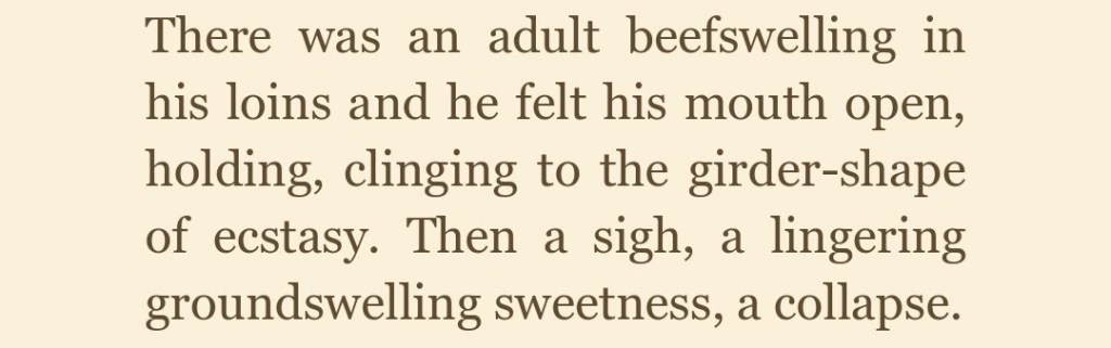 "There was an adult beefswelling in his loins and he felt his mouth open, holding, clinging to the girder-shape of ecstasy. Then a sigh, a lingering groundswelling sweetness, a collapse."