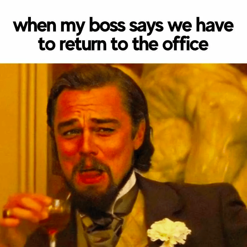 The "Leonardo DiCaprio drinking wine" meme with the text "when my boss says we have to return to the office".