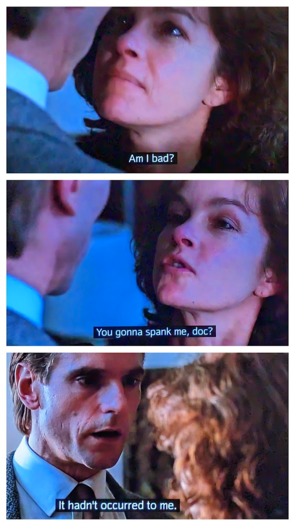 A triptych of screenshots from the film "Dead Ringers". The female lead says "Am I bad? You gonna spank me, doc?" The male lead then says "it hadn't occurred to me."