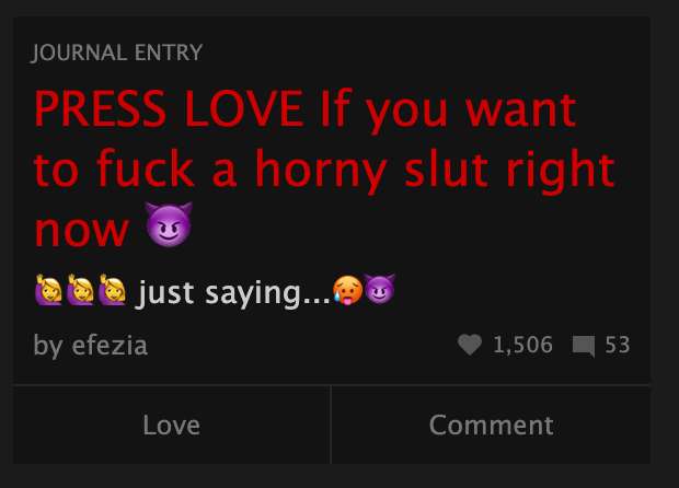 A Fetlife screenshot that says "PRESS LOVE if you want to fuck a horny slut right now".