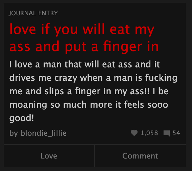 A Fetlife screenshot that says "love if you will eat my ass and put a finger in".