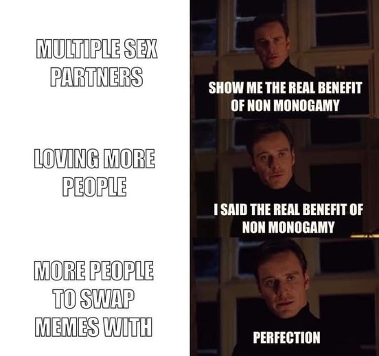 The three faces of Michael Fassbender meme. Row 1: "Multiple sex partners | show me the real benefit of non-monogamy." Row 2: "Loving more people | I said the real benefit of non-monogamy." Row 3: "More people to swap memes with | Perfection."