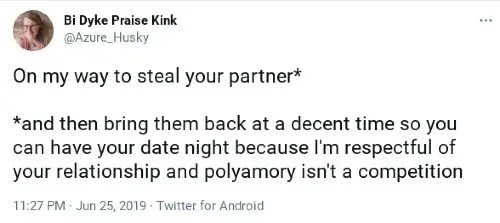 A meme from @Azure_Husky that reads: "On my way to steal your partner... and then bring them back at a decent time so you can have your date night because I'm respectful of your relationship and polyamory isn't a competition."