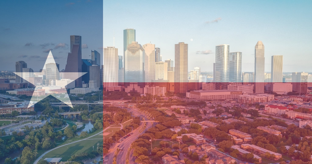An image of the city of Houston, overlaid by the Texas flag.