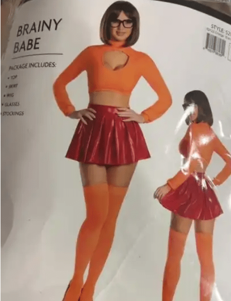 A "brainy babe" costume that's really just "sexy Velma from Scooby-Doo".