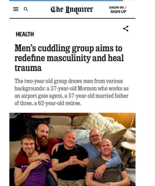 A news article titled "Men's cuddling group aims to redefine masculinity and heal trauma".