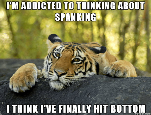 A meme of a relaxing tiger that says: "I'm addicted to thinking about spanking. I think I've finally hit bottom."