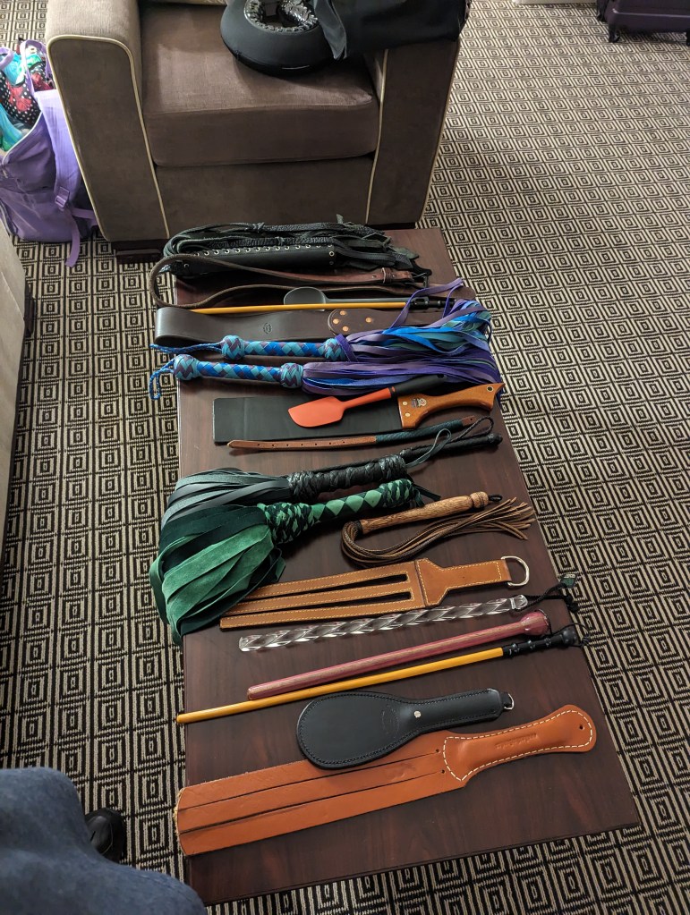 The implements used for the two-on-three spanking: a big black flogger, a belt, a cane, a strap, my blue floggers, a silicone spatula, a thick strap, a thin strap, my black flogger, my green flogger, a martinet, my newer tawse, the twisty cane, the stick/cane, another traditional cane, a black leather paddle, and my older tawse.
