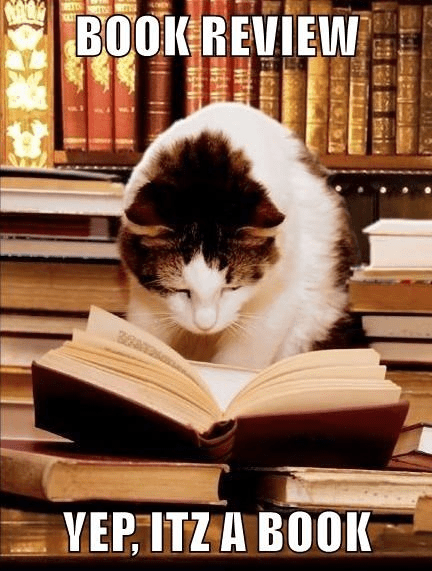 A cat 'reading' a book with the text: "Book Review: Yep, it's a book."