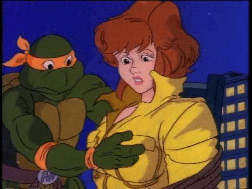 Michelangelo the Ninja Turtle grabbing April O'Neill's breast while she is tied up. From the Ninja Turtles cartoon.