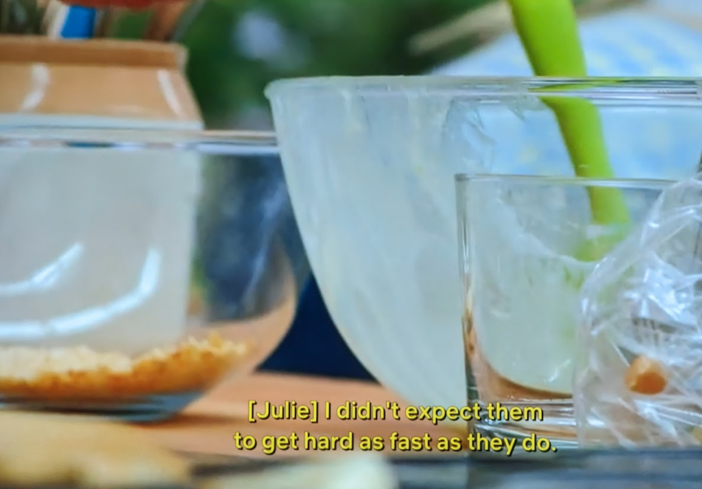 A screenshot from the Great British Bake-Off captioned "I didn't expect them to get hard as fast as they do."