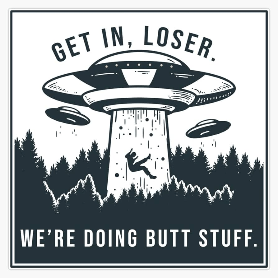 A sticker that says "Get in, loser. We're doing butt stuff."