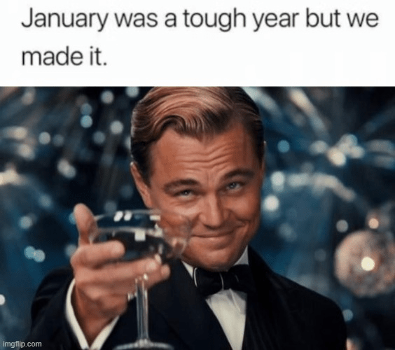 The Leonardo DiCaprio with a champagne glass meme with the text "January was a tough year but we made it."
