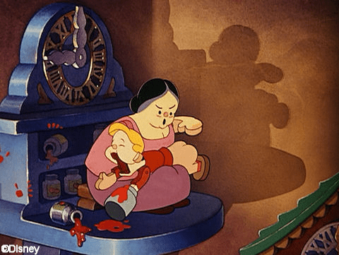 From Disney's Pinocchio, one of the cuckoo clocks in Gepetto's workshop features a mother spanking the bare bottom of her child.